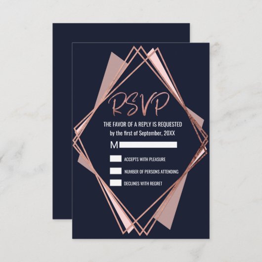 Rose Gold Navy Blue Mauve Geometric UAWG RSVP Karte (Vorne/Hinten)