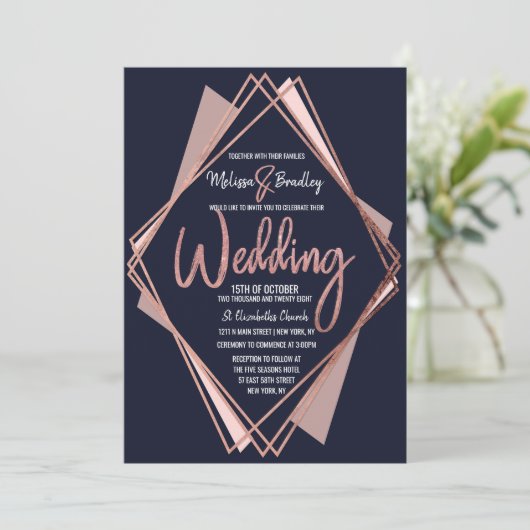 Rose Gold Navy Blue Mauve Geometric Wedding Einladung (Stehend Vorderseite)