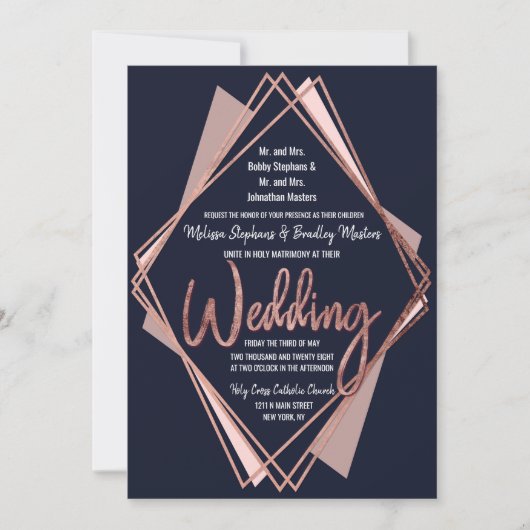 Rose Gold Navy Blue Mauve Geometric Wedding Einladung (Vorderseite)