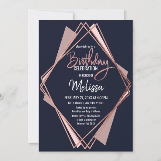 Rose Gold Navy Blue Mauve Geometrie Geburtstag Einladung (Vorderseite)