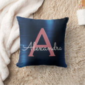 Rose Gold & Navy Blue Metallic Foil Mit Monogramm Kissen (Decke)