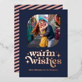 Rose Gold & Navy Blue Modern Retro Weihnachts-Foto Folien Feiertagskarte