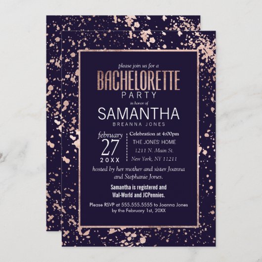 Rose Gold Navy Blue Paint Spritzer Bachelorette Einladung (Vorne/Hinten)