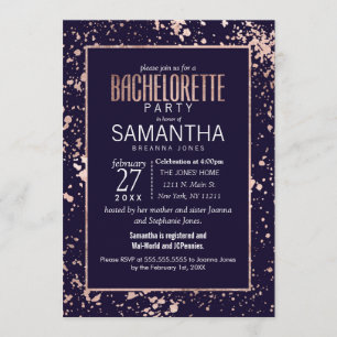 Rose Gold Navy Blue Paint Spritzer Bachelorette Einladung