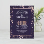Rose Gold Navy Blue Paint Spritzer Hochzeit einlad Einladung (Stehend Vorderseite)