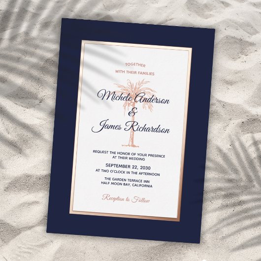Rose Gold Navy Blue Palm Tree Tropical Wedding Folieneinladung