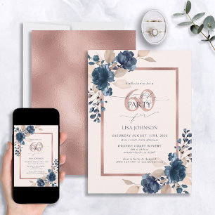 Rose Gold Navy Blue Pink 60. Geburtstag Blumenflor Einladung
