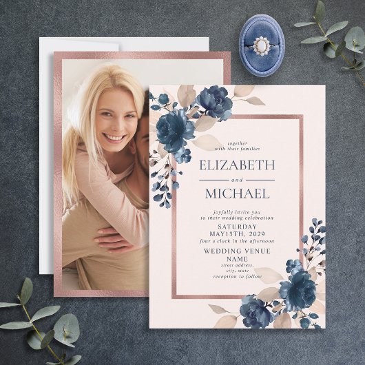 Rose Gold Navy Blue Pink Foto Hochzeit Einladung