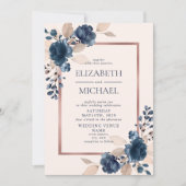 Rose Gold Navy Blue Pink Foto Hochzeit Einladung (Vorderseite)