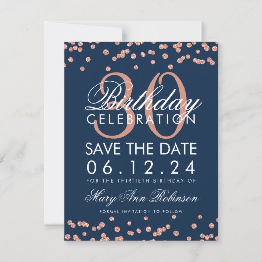 Rose Gold Navy Blue Rett Geburtsdatum Confetti Save The Date (Vorderseite)