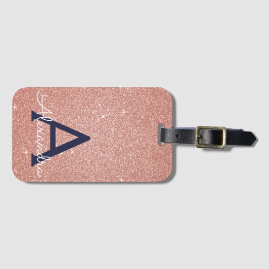 Rose Gold Navy Blue Sparkle Glitzer Monogram Gepäckanhänger (Vorderseite (Horizontal))