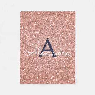 Rose Gold Navy Blue Sparkle Glitzer Monogram Name Fleecedecke