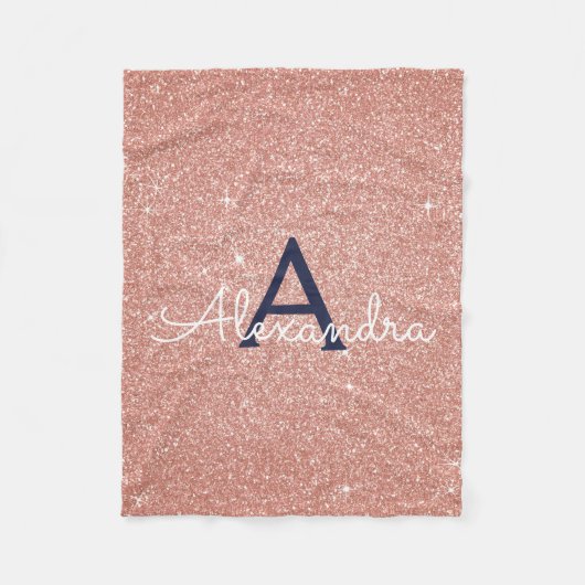 Rose Gold Navy Blue Sparkle Glitzer Monogram Name Fleecedecke (Vorderseite)