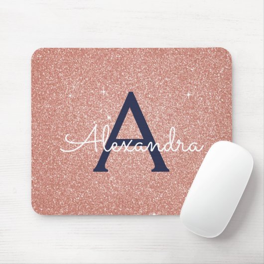Rose Gold Navy Blue Sparkle Glitzer Monogram Name Mousepad (Mit Mouse)