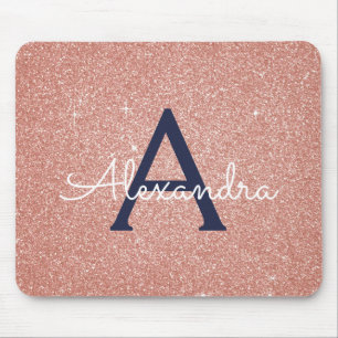 Rose Gold Navy Blue Sparkle Glitzer Monogram Name Mousepad