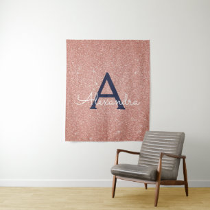 Rose Gold Navy Blue Sparkle Glitzer Monogram Wandteppich