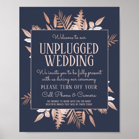 Rose Gold Navy Blue Unplugged Wedding Sign Poster (Vorne)