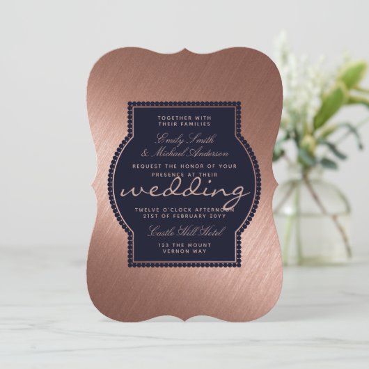 Rose Gold Navy Blue Wedding lädt Metallic ein Einladung (Stehend Vorderseite)