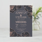Rose Gold Navy Blumen Hochzeit Einladungen (Stehend Vorderseite)