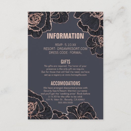 Rose Gold Navy Blumen Hochzeitsinformationen Begleitkarte (Vorderseite)
