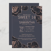 Rose Gold Navy Blumen Sweet 16 Einladungen (Vorne/Hinten)