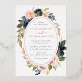 Rose Gold Navy Blush Peach Floral Wedding Folieneinladung (Vorderseite)