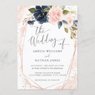 Rose Gold Navy Botanische Aquarell-Hochzeit Einladung