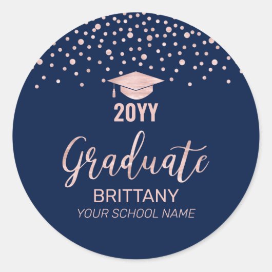 Rose Gold Navy Confetti Graduation Party Runder Aufkleber (Vorderseite)