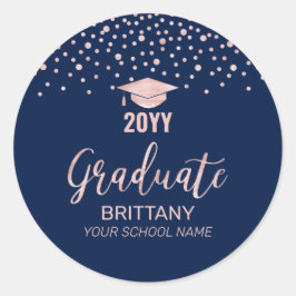 Rose Gold Navy Confetti Graduation Party Runder Aufkleber