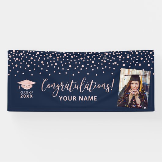 Rose Gold Navy Confetti Gratulation Abschluss Banner (Horizontal)