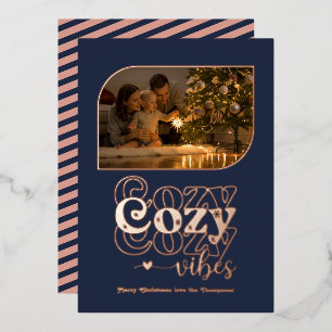 Rose Gold & Navy Cosy Vibes Retro Weihnachts-Foto Folien Feiertagskarte
