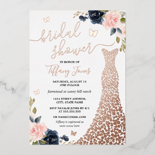 Rose Gold Navy Dress Brautparty Einladung (Vorderseite)