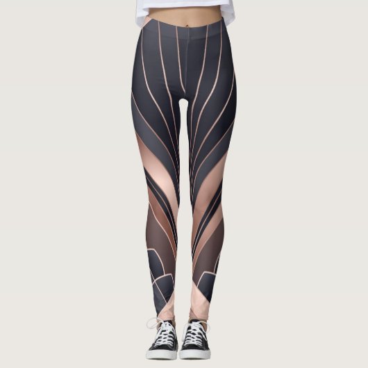 Rose Gold Navy Geometric Fan Neo Deco Art Leggings (Vorderseite)