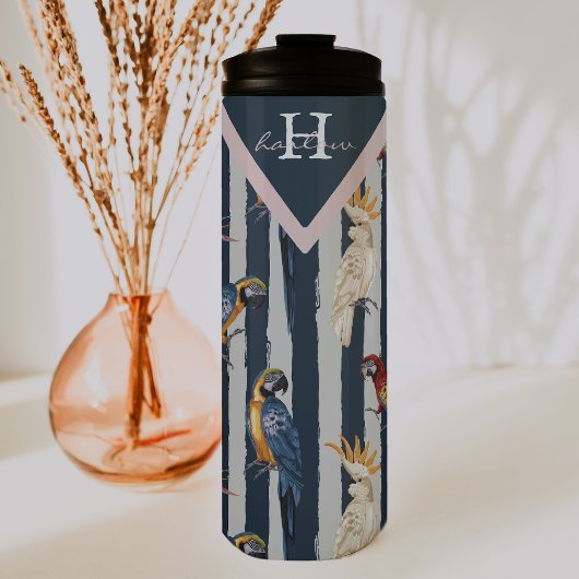 Rose Gold & Navy Geometric Tropical Birds Monogram Thermosbecher