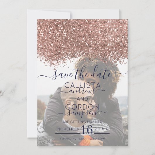 Rose Gold Navy Glitzer Confetti Foto Hochzeit Save The Date (Vorderseite)