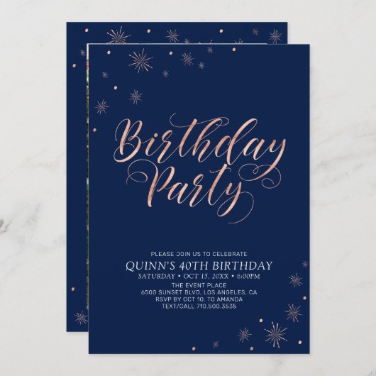 Rose Gold & Navy Moderne schicke Erwachsene Geburt Einladung (Vorne/Hinten)