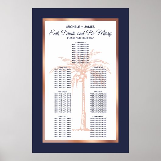 Rose Gold Navy Palm Tropical Wedding Chart Poster (Vorne)