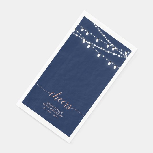 Rose Gold & Navy String Lights Elegante Cheers Serviette (Ecke)