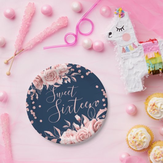 Rose Gold Navy Sweet 16 Glitzer Confetti Floral Pappteller (Party)