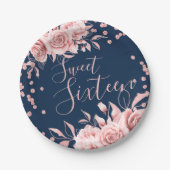 Rose Gold Navy Sweet 16 Glitzer Confetti Floral Pappteller (Vorderseite)