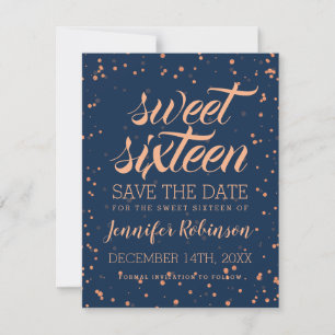 Rose Gold Navy Sweet 16 Rett Datum Confetti Save The Date