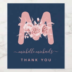 Rose Gold Navy Vielen Dank Floral Monogram Weinetikett