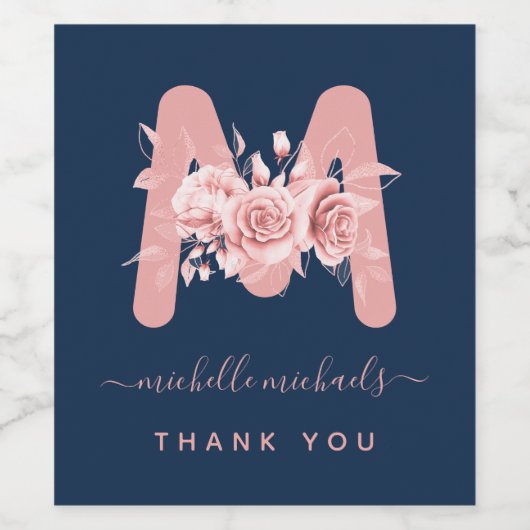 Rose Gold Navy Vielen Dank Floral Monogram Weinetikett (Einzelnes Label)