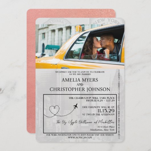 Rose Gold New York City Passport Hochzeit Einladung (Vorne/Hinten)