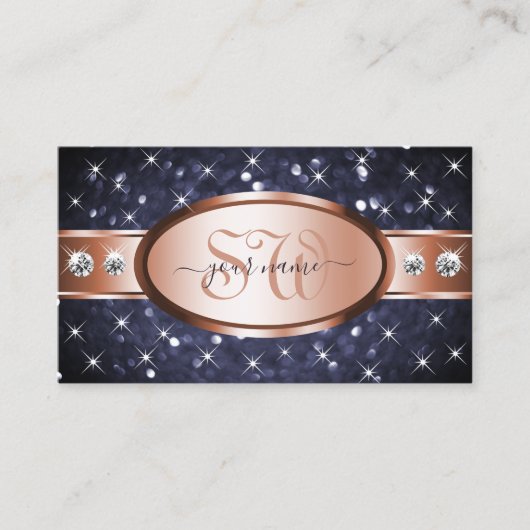 Rose Gold Ocean Blue Glitzer Diamonds and Initials Visitenkarte (Vorderseite)
