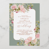 Rose Gold Olive Green Floral Wedding Folieneinladung (Vorderseite)