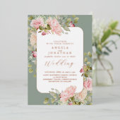 Rose Gold Olive Green Floral Wedding Folieneinladung (Stehend vorne)
