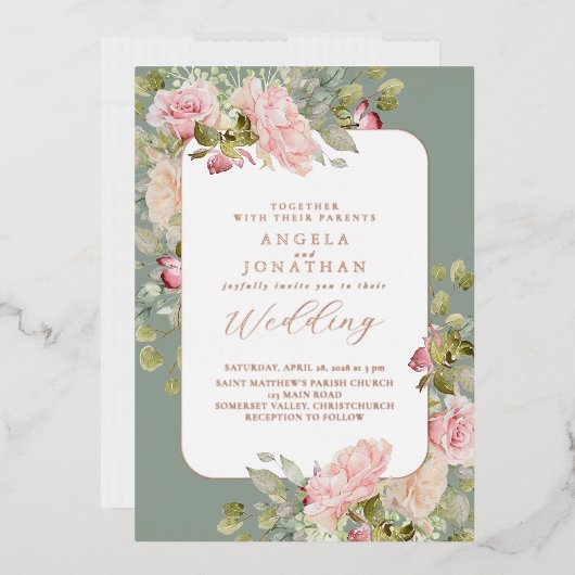 Rose Gold Olive Green Floral Wedding Folieneinladung (Briefumschlag)