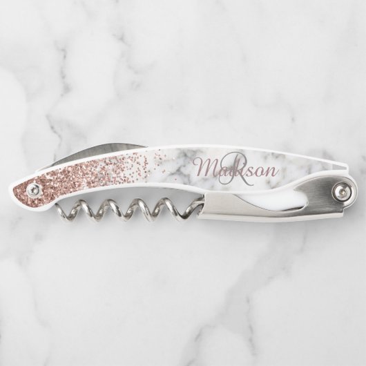 Rose Gold Ombre Glitzer Marmorstein Monogramm Kellnermesser (Rückseite)