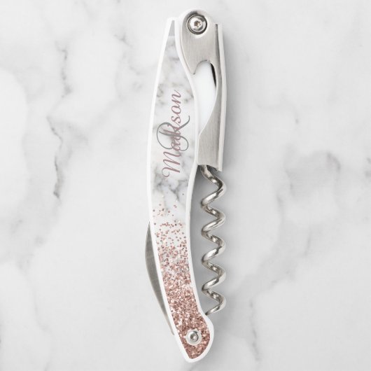 Rose Gold Ombre Glitzer Marmorstein Monogramm Kellnermesser (Rückseite)